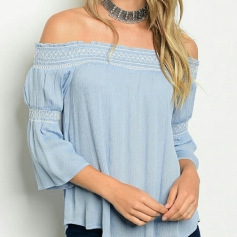 FIRM SALE PRICE BOHO Cold Shoulder Blouse Light Blue Stunning LOVE THIS TOP - Picture 1 of 2